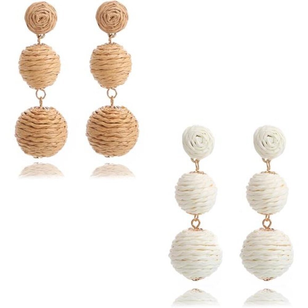 Boho Double Ball Drop Earrings – Woven Rattan Statement Earrings, Set of 2 pair
